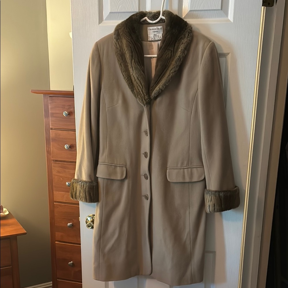 London Fog Beige Trench Coat with Faux Fur Trim